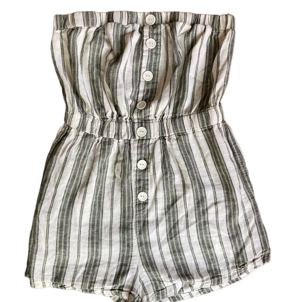 Urban Outfitters Women's Size XS Strapless Romper Green Stripe Linen Blend